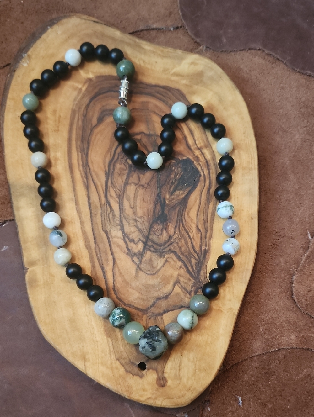 Handmade Moss Agate Stone and Black Bead Necklace